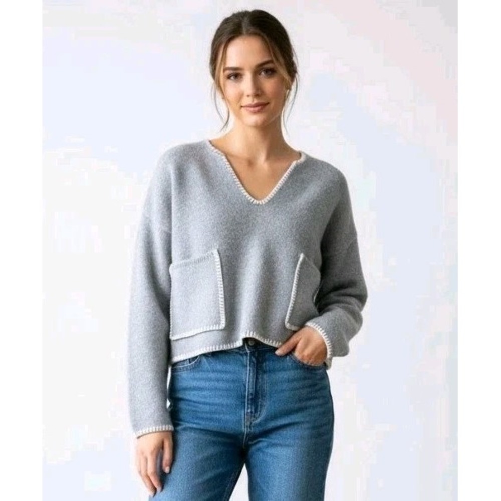 Zara Women's Large Knit Grey Pullover Sweater Stitch Trim Crop V-Neck Pockets